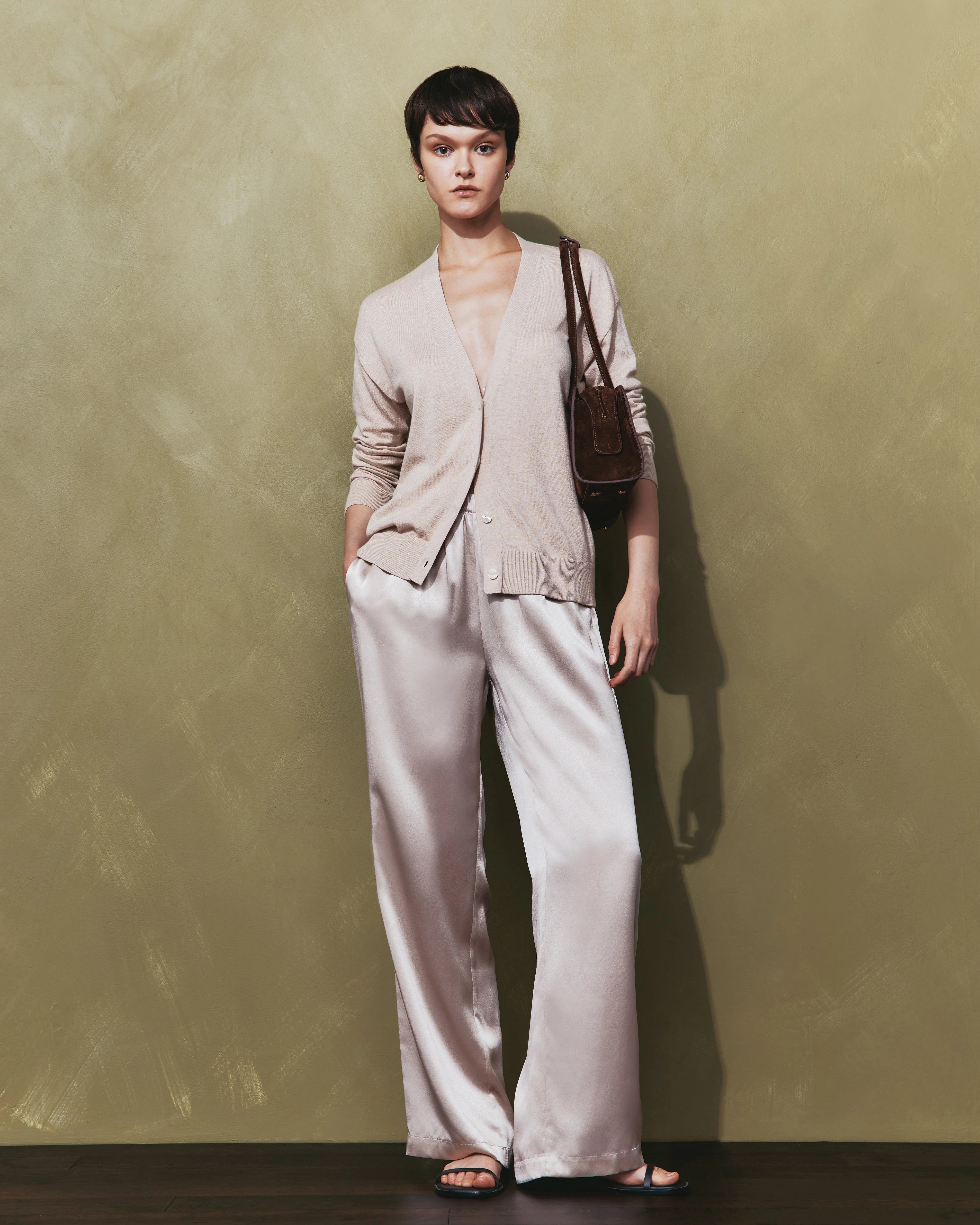 100% Washable Silk Drawstring Wide Leg Pants - XS / Champagne Secondary image