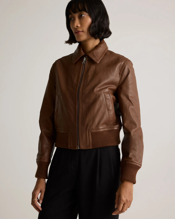 100% Washed Leather Bomber Jacket - XS / Black