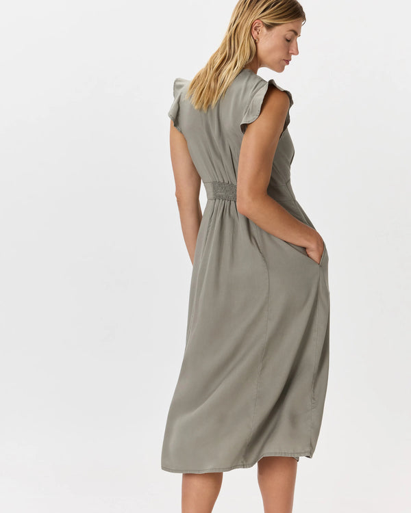 Vintage Wash Tencel Button Front Midi Dress - XS / Olive