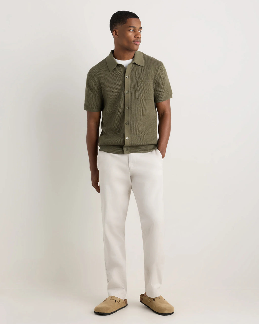 100% Organic Cotton Mesh-Stitch Button-Up Sweater Polo - XS / Speckled Beige