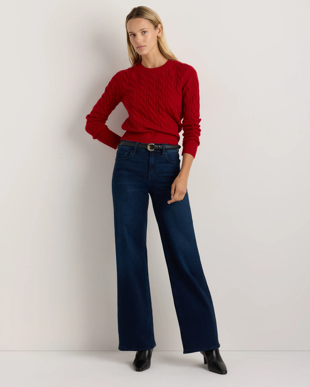 Mongolian Cashmere Shrunken Cable Crewneck Sweater - XS / Varsity Red