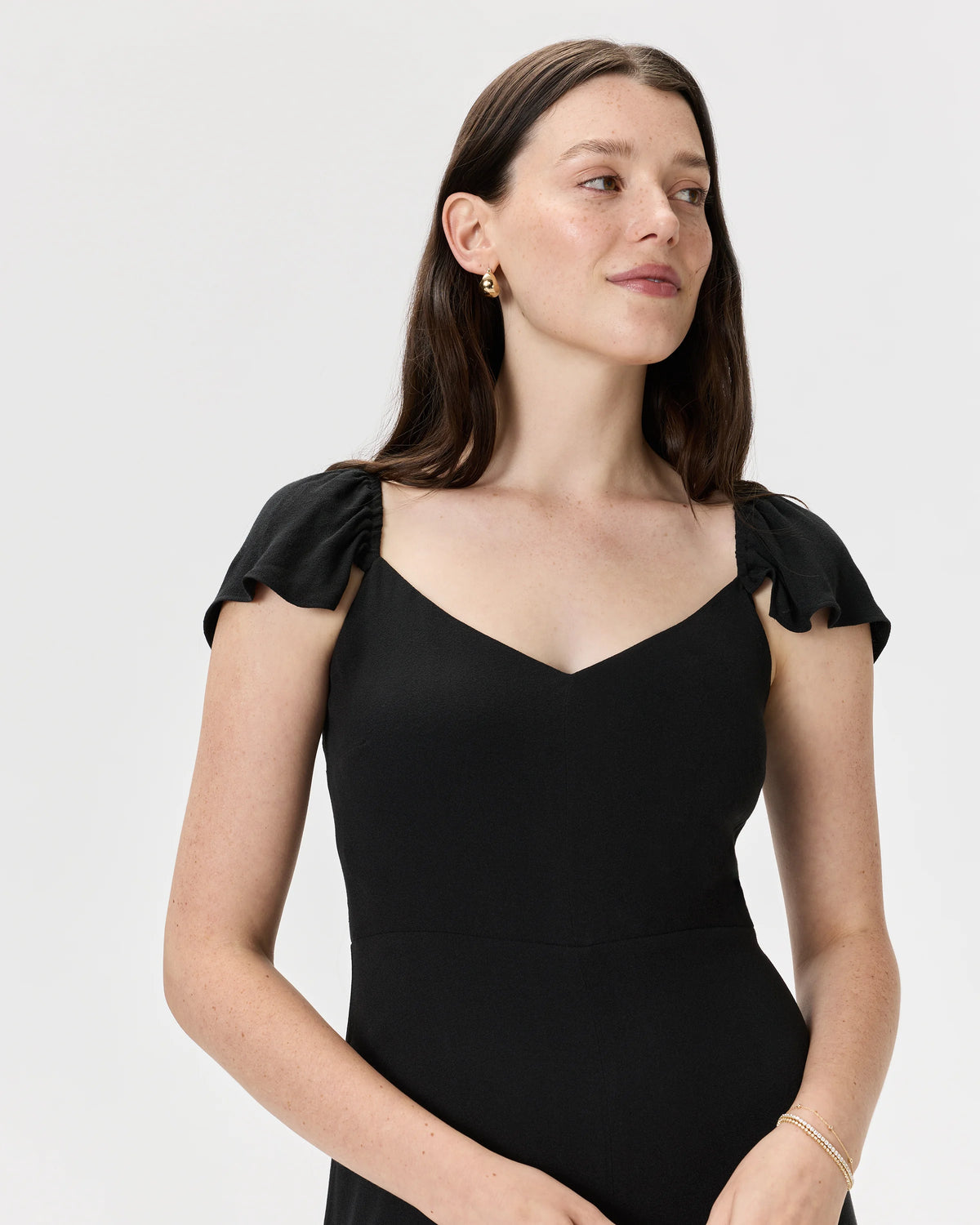 Lightweight Crepe Flutter Sleeve Midi Dress - XS / True Black