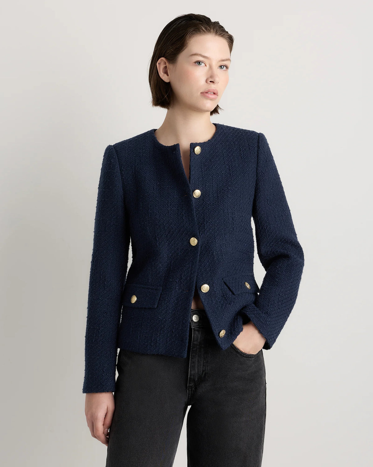 Tweed Collarless Jacket - XS / Deep Navy Main image