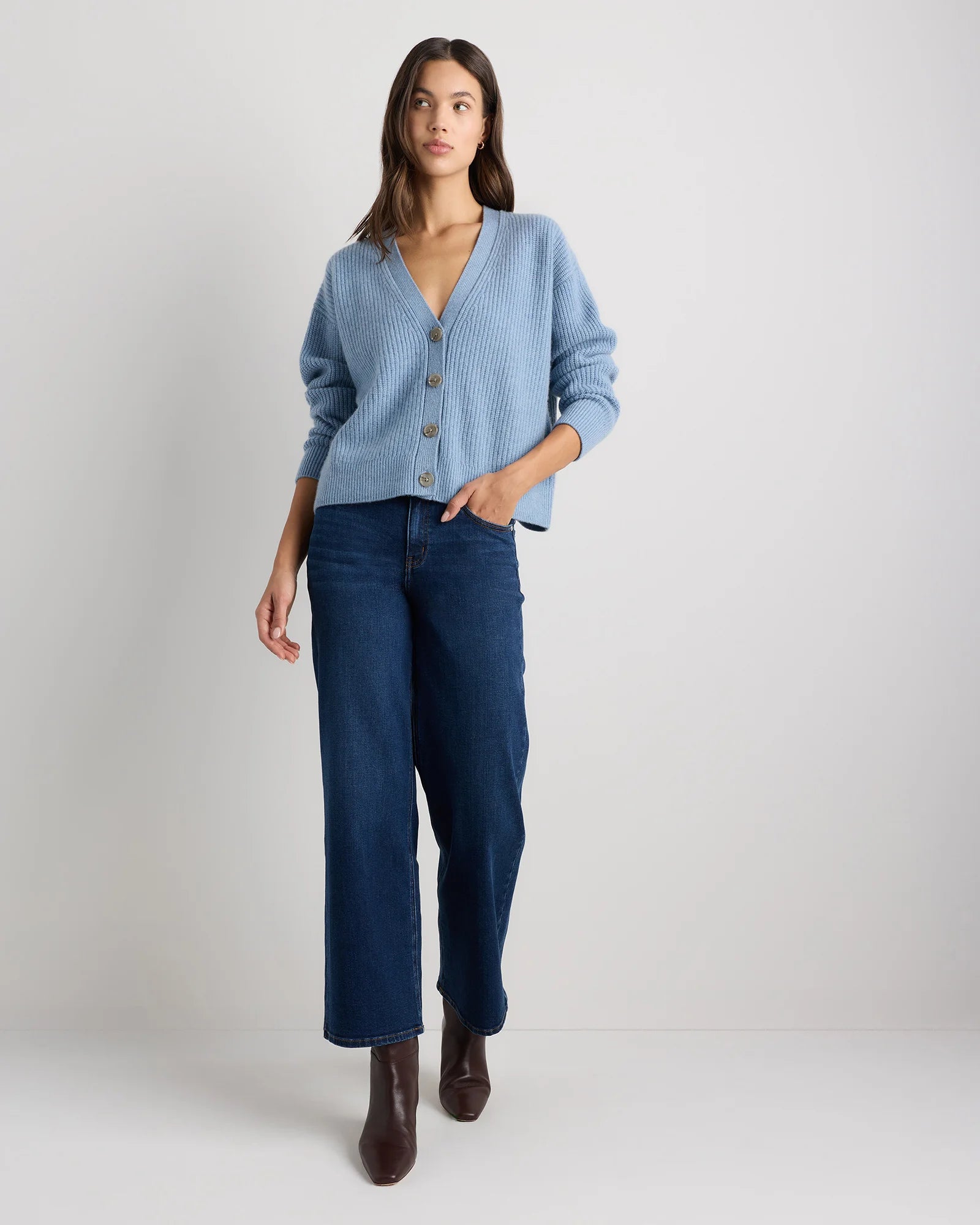 Mongolian Cashmere Fisherman Boxy Cropped Cardigan Sweater - XS / Faded Denim Secondary image