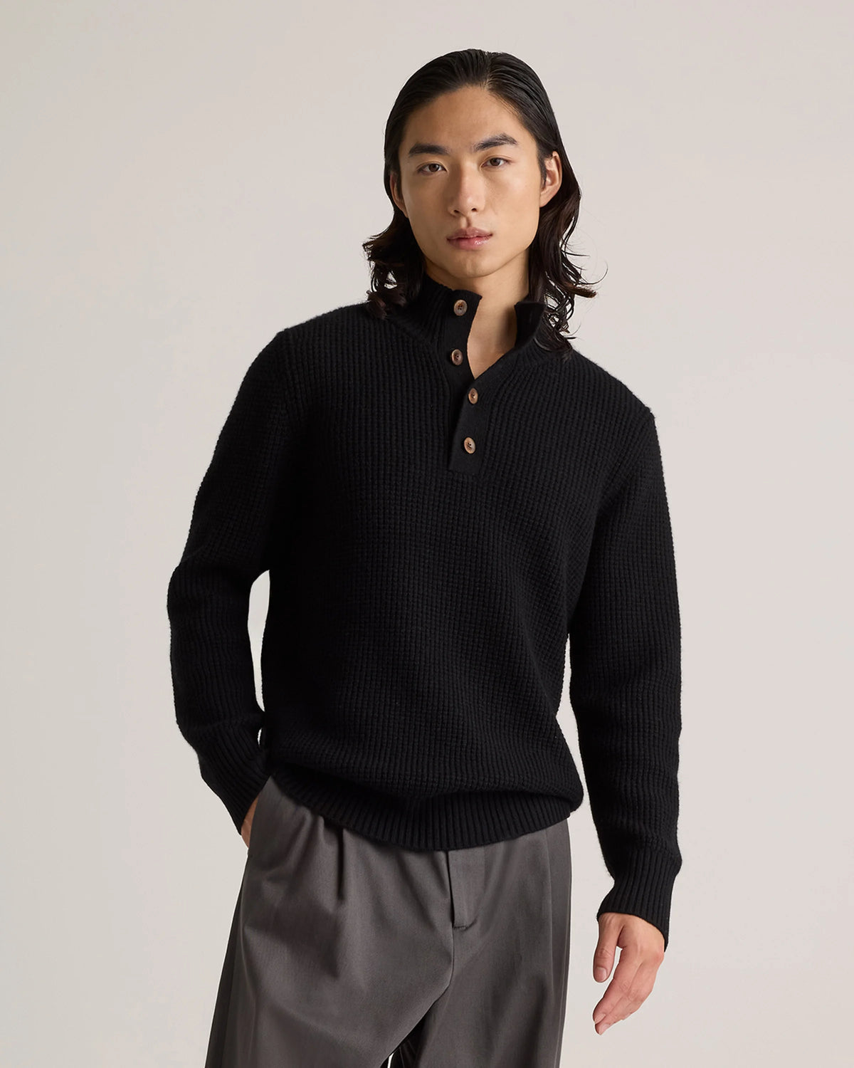 Mongolian Cashmere Waffle Quarter Button Sweater - S / Elk Brown