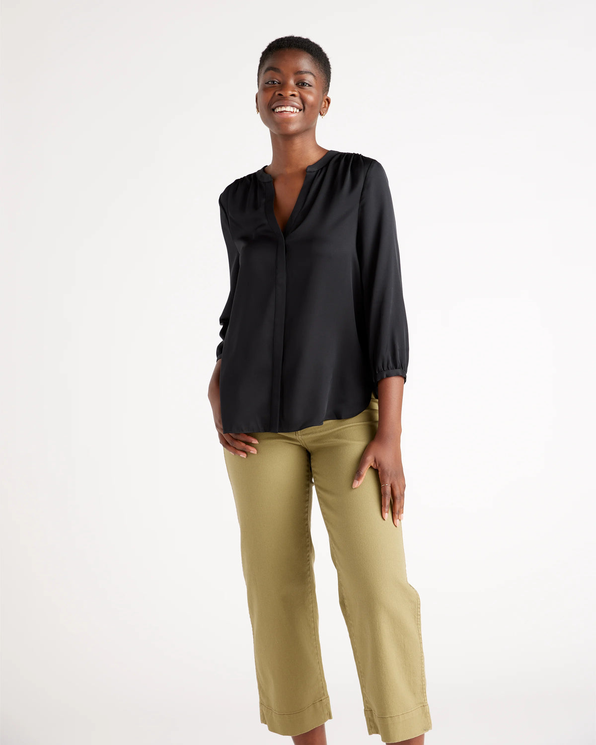 Washable Stretch Silk Pleat Back Blouse - XS / Black Main image