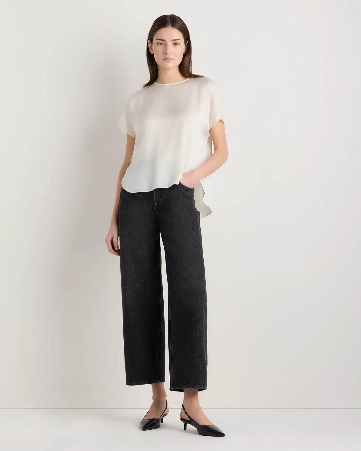 Washable Stretch Silk Split Hem Tee - XS / Ivory