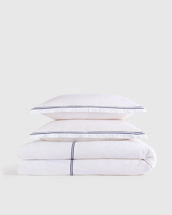 Organic Crisp Percale Embellished Duvet Cover Set - Twin / White/Navy