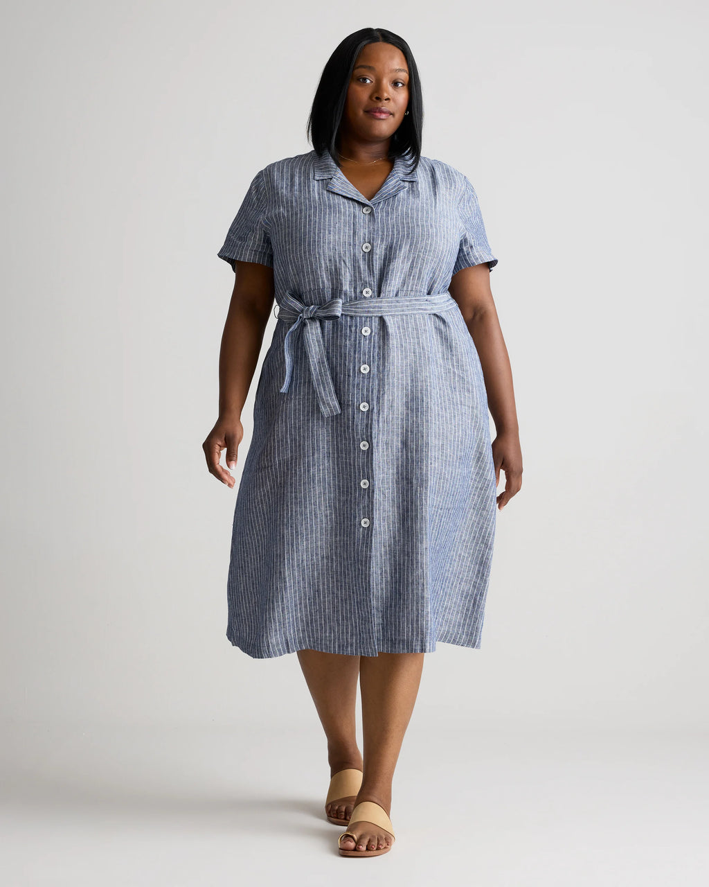 100% European Linen Button Front Dress - 1X / Blue Pinstripe