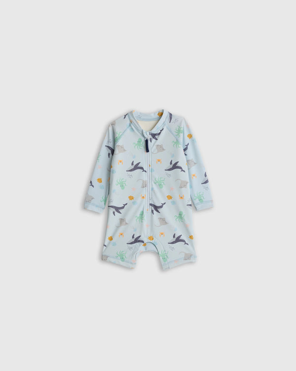 Long Sleeve Zip-Up Rash Guard One-Piece - 0-3M / Peri Beach Stripe